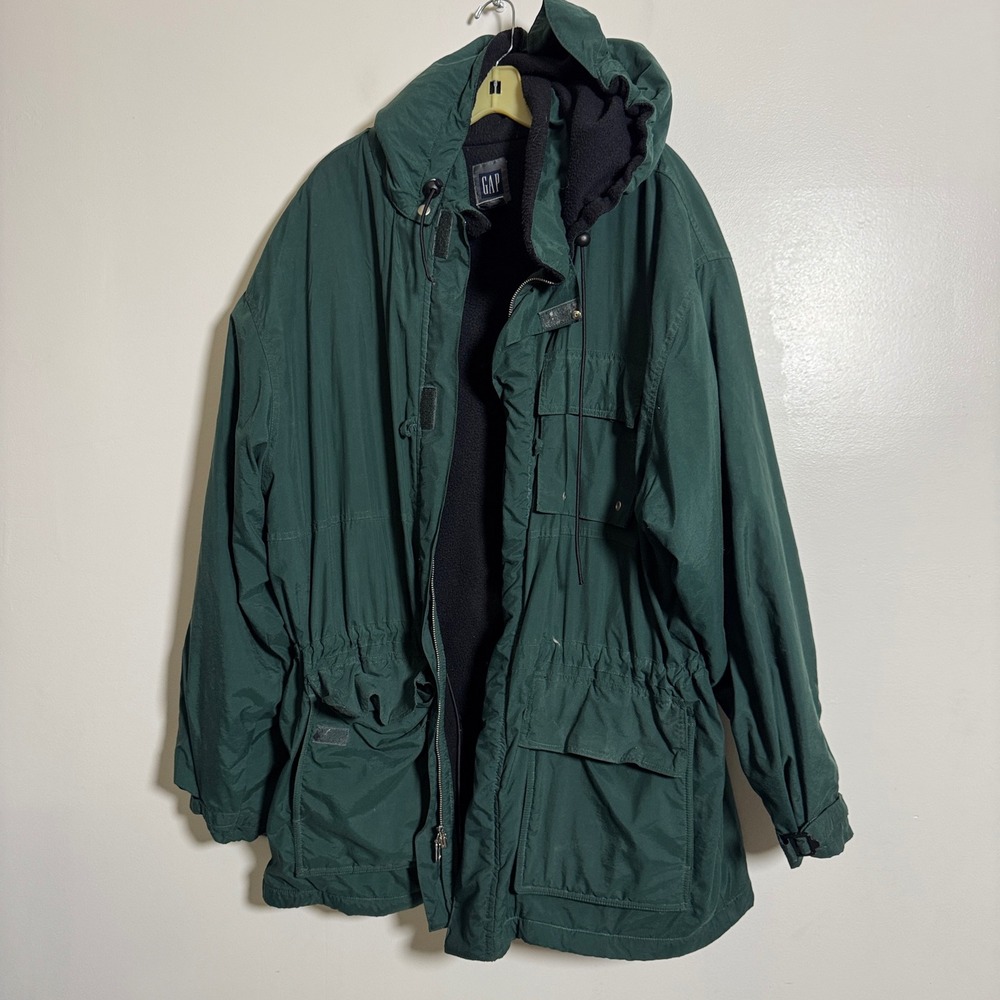 Vintage GAP Blue Square Men's XL Green Parka Winter Jacket Hooded Lined Full Zip